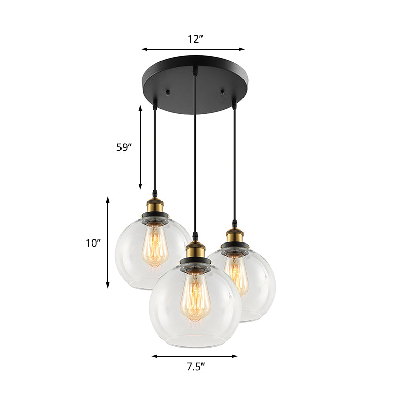 3/4-Light Clear Glass Multi Hanging Light Fixture Industrial Antique Brass Orb Living Room Pendant with Round Canopy Clearhalo 'Ceiling Lights' 'Glass shade' 'Glass' 'Industrial Pendants' 'Industrial' 'Middle Century Pendants' 'Pendant Lights' 'Pendants' 'Tiffany' Lighting' 159515