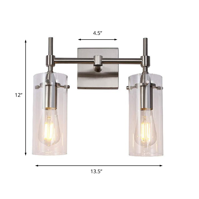 Chrome/Nickel Cylinder Shade Wall Lighting Modern Clear Glass 2-Light Dining Room Sconce Light Fixture Clearhalo 'Cast Iron' 'Glass' 'Industrial wall lights' 'Industrial' 'Middle century wall lights' 'Modern' 'Tiffany' 'Traditional wall lights' 'Wall Lamps & Sconces' 'Wall Lights' Lighting' 159527