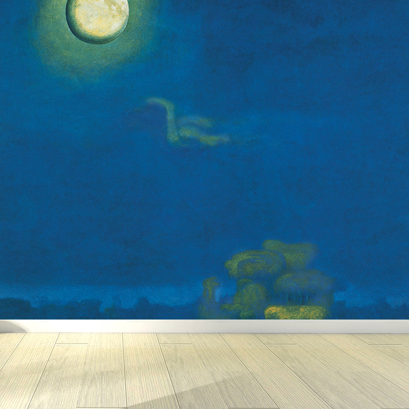 Illustration Moon Night Mural Decal for Living Room, Blue, Custom Size Available Clearhalo 'Wall Decor' 'Wall Mural' 1595307