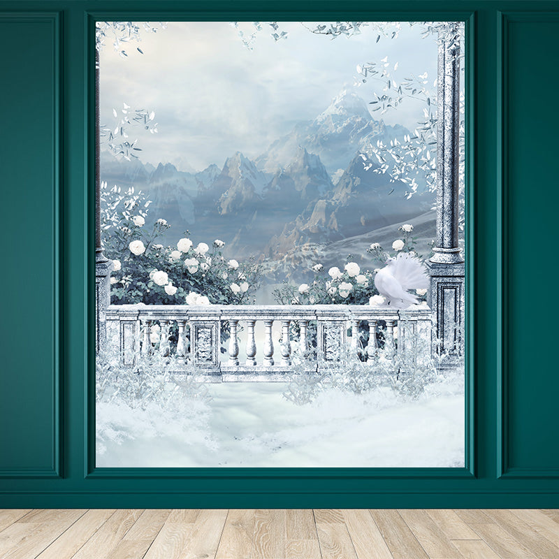 Huge Winter Mountain Mural for Bedroom Botanical Wall Art in White, Stain Resistant White Clearhalo 'Wall Decor' 'Wall Mural' 1595590