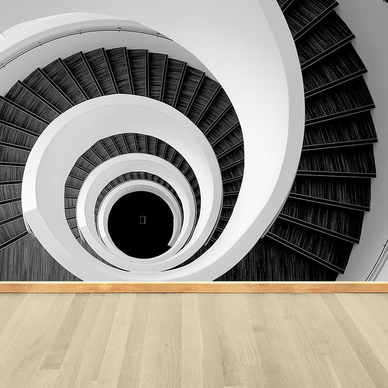 Mesmerizing Swirly Stairs Wall Mural Decal for Living Room, Black and White, Custom Size Clearhalo 'Wall Decor' 'Wall Mural' 1595641