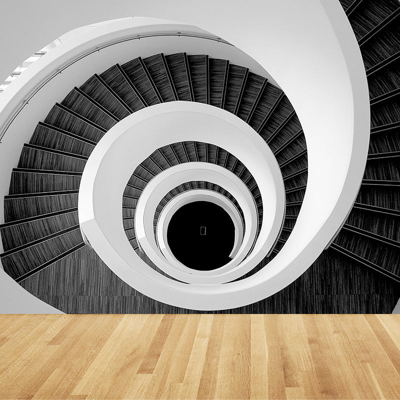 Mesmerizing Swirly Stairs Wall Mural Decal for Living Room, Black and White, Custom Size Clearhalo 'Wall Decor' 'Wall Mural' 1595642