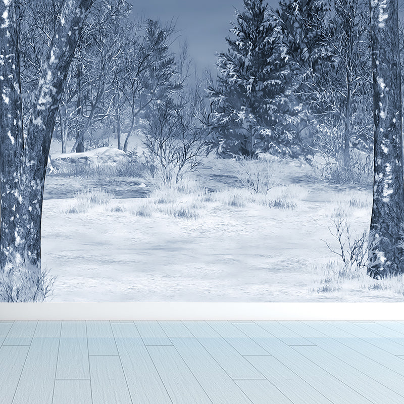 Modern Snowy Pine Trees Mural Wallpaper White Winter Botanical Landscape Wall Covering Clearhalo 'Wall Decor' 'Wall Mural' 1595766