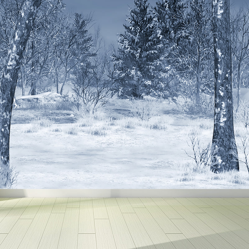 Modern Snowy Pine Trees Mural Wallpaper White Winter Botanical Landscape Wall Covering Clearhalo 'Wall Decor' 'Wall Mural' 1595767