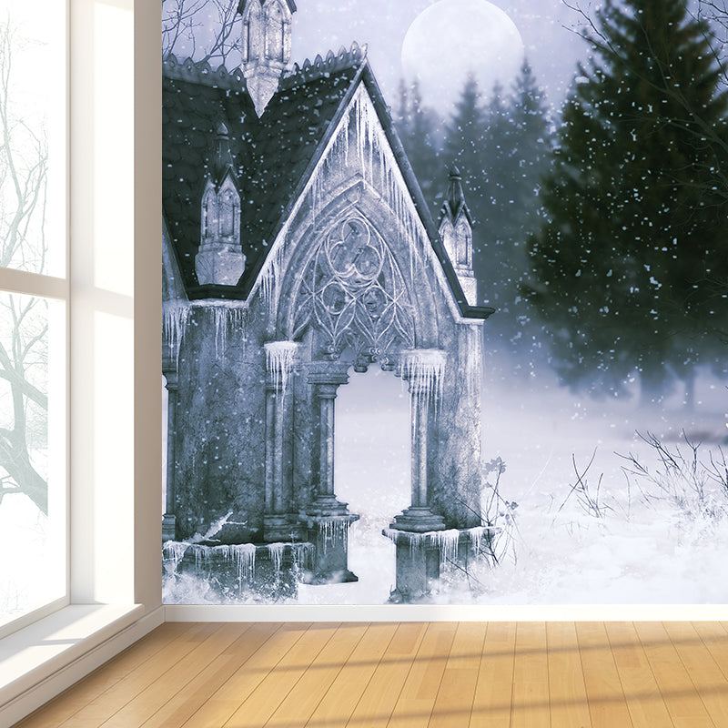 Contemporary Winter Building Wall Mural for Girls Bedroom Full Size Wall Covering in White White Clearhalo 'Wall Decor' 'Wall Mural' 1595780