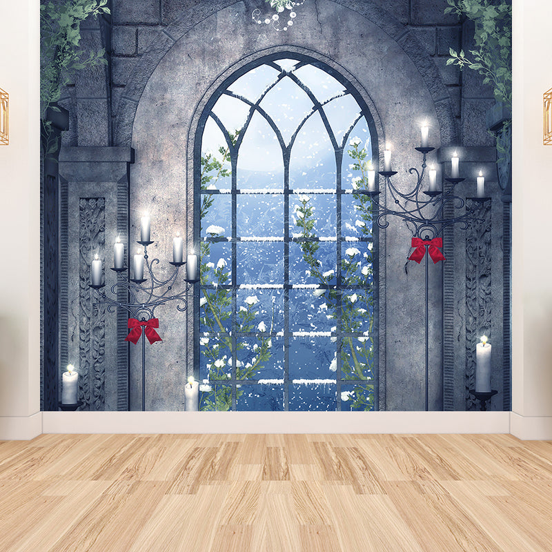 Contemporary Candles and Window Mural Non-Woven Waterproofing Gray Wall Art for Playroom Clearhalo 'Wall Decor' 'Wall Mural' 1595791