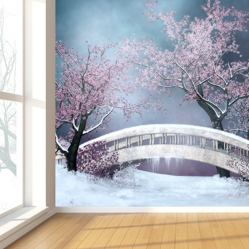 Stain-Proof Flower and Bridge Mural Non-Woven Texture Modern Wall Art for Guest Room Pink Clearhalo 'Wall Decor' 'Wall Mural' 1595855