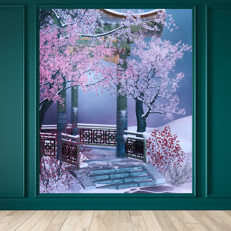 Illustration Style Pavilion Mural Decal for Dining Room, Pink, Custom Size Available Pink Clearhalo 'Wall Decor' 'Wall Mural' 1595865