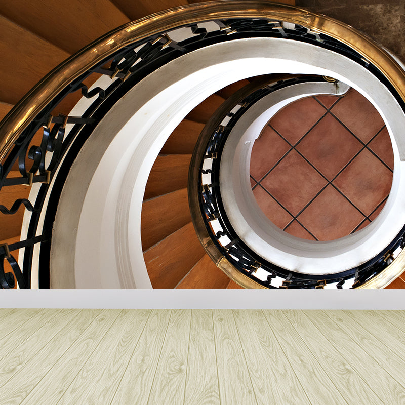 Contemporary Spiral Wood Stairs Mural Brown Waterproofing Wall Covering for Home Brown Clearhalo 'Wall Decor' 'Wall Mural' 1595895