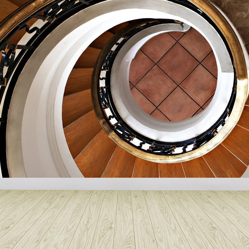 Contemporary Spiral Wood Stairs Mural Brown Waterproofing Wall Covering for Home Clearhalo 'Wall Decor' 'Wall Mural' 1595897