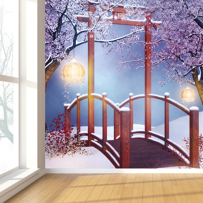 Giant Modern Wall Mural in Red Flower and Bridge Wall Art, Custom Size Available Clearhalo 'Wall Decor' 'Wall Mural' 1596051