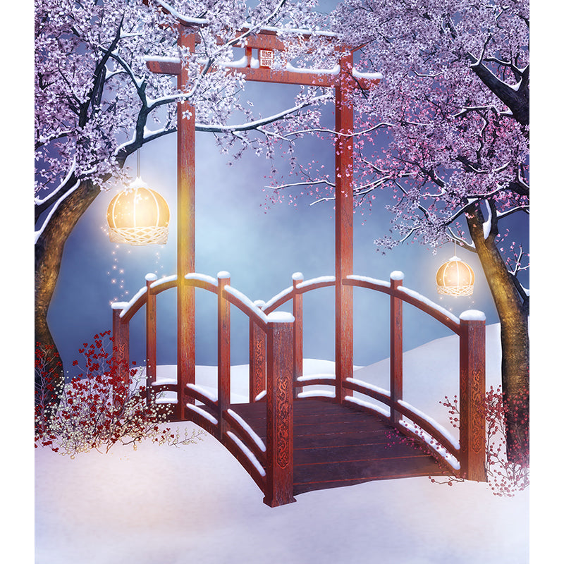 Giant Modern Wall Mural in Red Flower and Bridge Wall Art, Custom Size Available Clearhalo 'Wall Decor' 'Wall Mural' 1596053