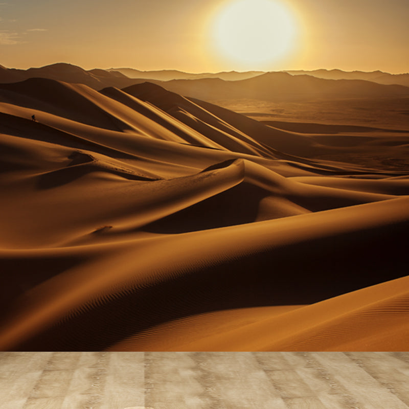 Non-Woven Stain-proof Mural Modern Sand Dunes and Big Sun Landscape Wall Art in Yellow Clearhalo 'Wall Decor' 'Wall Mural' 1596391