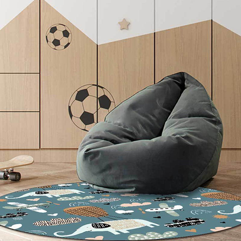 Kids Bedroom Rug in Teal Animal Elephant Plane Heart Print Rug Polyester Stain-Resistant Area Rug Blue Clearhalo 'Area Rug' 'Rug' 1596890