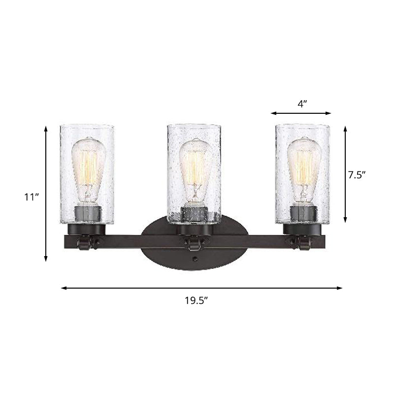 3-Bulb Seeded Glass Sconce Light Fixture Industrial Black Cylinder Dining Room Wall Lamp in Clear Clearhalo 'Cast Iron' 'Glass' 'Industrial wall lights' 'Industrial' 'Middle century wall lights' 'Modern' 'Tiffany' 'Traditional wall lights' 'Wall Lamps & Sconces' 'Wall Lights' Lighting' 159789