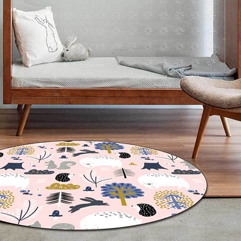 Kids Bedroom Rug in Pink Animal Rabbit Hedgehog Bear Print Rug Polyester Anti-Slip Washable Area Rug Pink Clearhalo 'Area Rug' 'Rug' 1598217