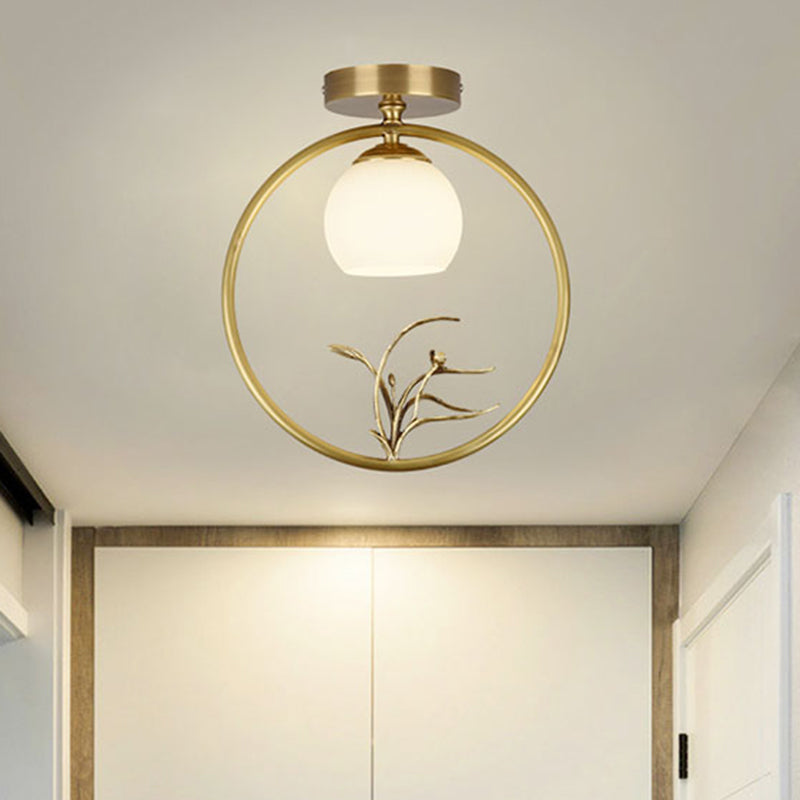 Opal Glass Brass Ceiling Lamp Inverted Bud 1 Bulb Rural Style Ring Flush Mount Light with Peacock Decor Brass B Clearhalo 'Ceiling Lights' 'Close To Ceiling Lights' 'Close to ceiling' 'Flush mount' Lighting' 1598312