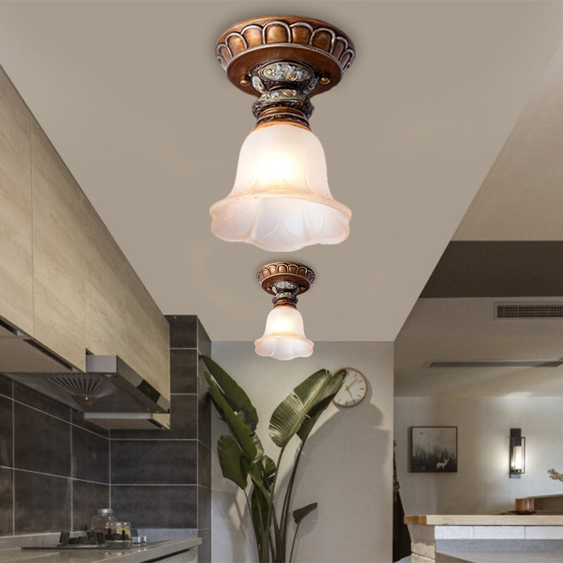 Single Head Floral Flush Light Retro Style White Opaline Glass Ceiling Fixture with Carving Pattern Coffee Clearhalo 'Ceiling Lights' 'Close To Ceiling Lights' 'Close to ceiling' 'Flush mount' Lighting' 1598349