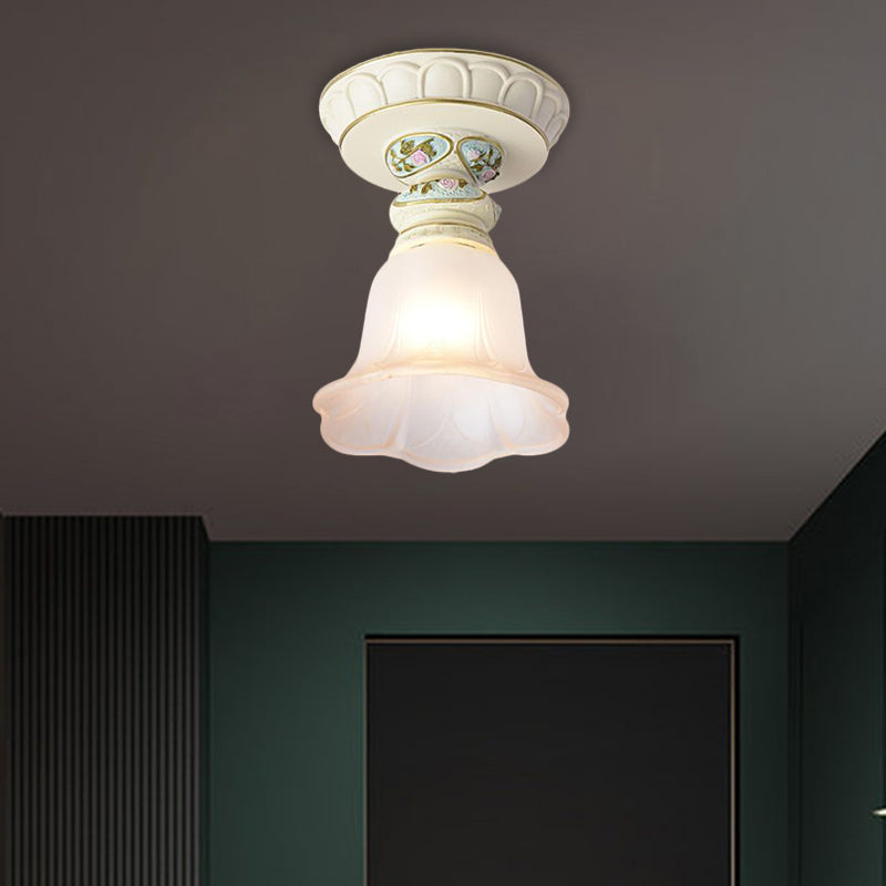 Single Head Floral Flush Light Retro Style White Opaline Glass Ceiling Fixture with Carving Pattern Blue Clearhalo 'Ceiling Lights' 'Close To Ceiling Lights' 'Close to ceiling' 'Flush mount' Lighting' 1598358