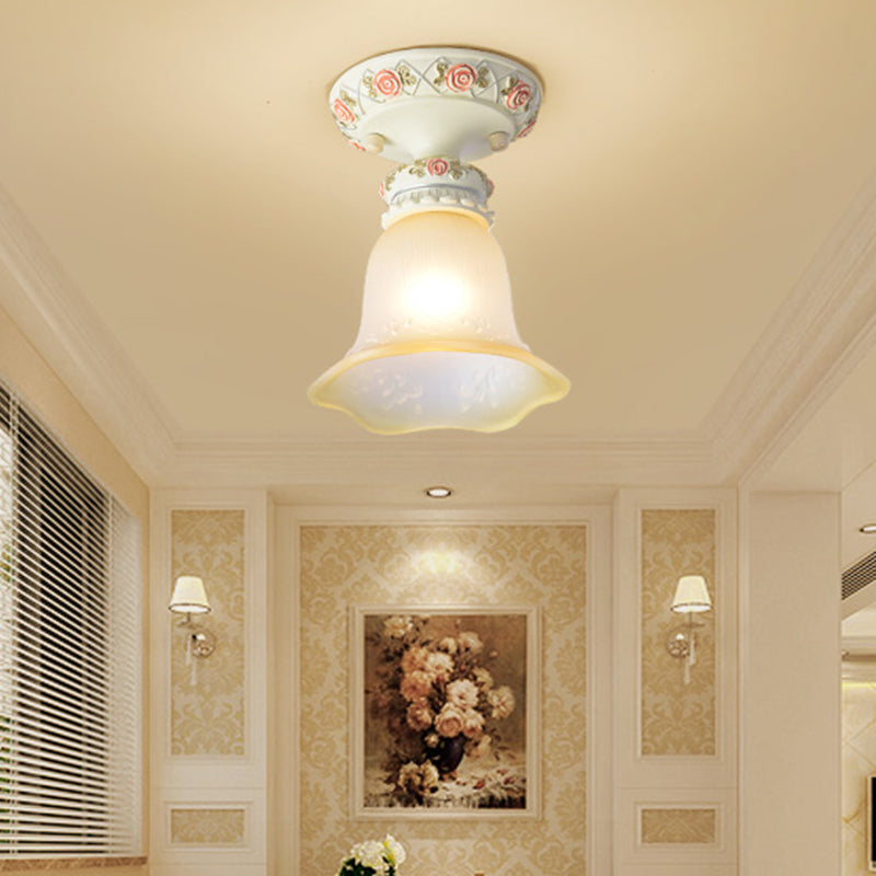 Single Head Floral Flush Light Retro Style White Opaline Glass Ceiling Fixture with Carving Pattern Pink Clearhalo 'Ceiling Lights' 'Close To Ceiling Lights' 'Close to ceiling' 'Flush mount' Lighting' 1598363