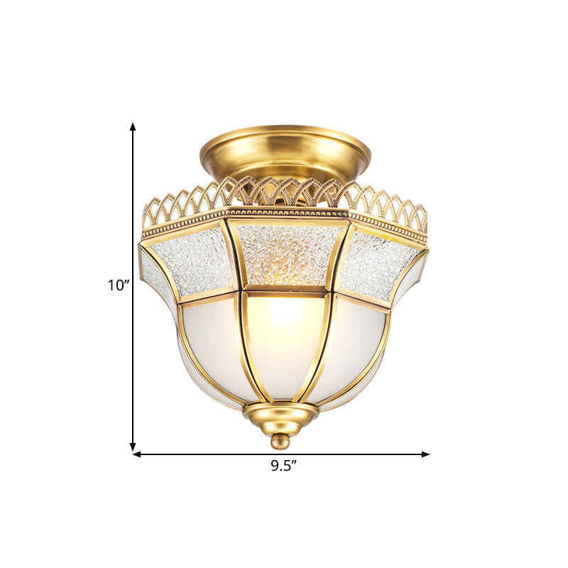 Brass Single Head Ceiling Lamp Cottage Crackle and Milky Glass Inverted Bell Semi Mount Lighting Clearhalo 'Ceiling Lights' 'Close To Ceiling Lights' 'Close to ceiling' 'Glass shade' 'Glass' 'Semi-flushmount' Lighting' 1598375