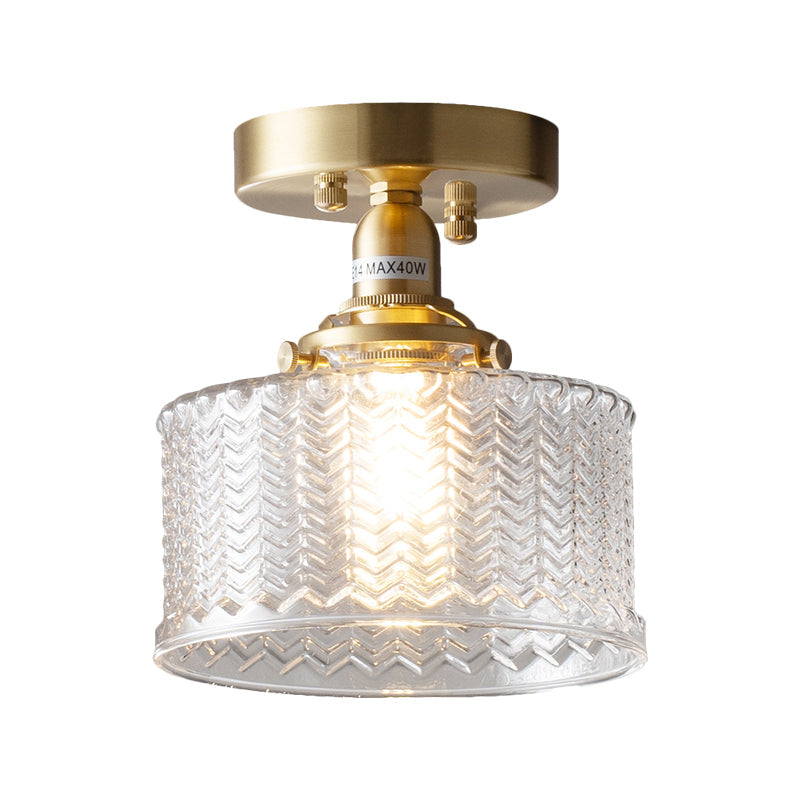 Drum Corridor Semi Flush Traditional Clear Prismatic Glass Single Bulb Brass Ceiling Mounted Fixture Clearhalo 'Ceiling Lights' 'Close To Ceiling Lights' 'Close to ceiling' 'Glass shade' 'Glass' 'Semi-flushmount' Lighting' 1598519