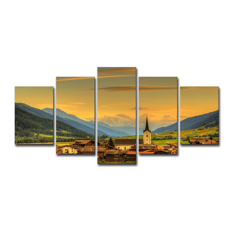 Picturesque European Town Landscape Art Print for Hotel Scenic View Wall Decor in Yellow Clearhalo 'Art Gallery' 'Canvas Art' 'Contemporary Art Gallery' 'Modern' Arts' 1599028