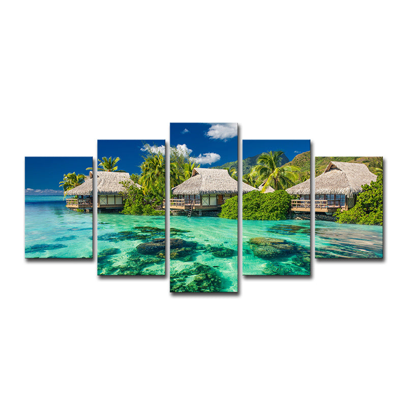 Tropical Resort Seascape Art Print Aqua Living Room Wall Decoration, Multi-Piece Clearhalo 'Art Gallery' 'Canvas Art' 'Coastal Art Gallery' 'Nautical' Arts' 1599049