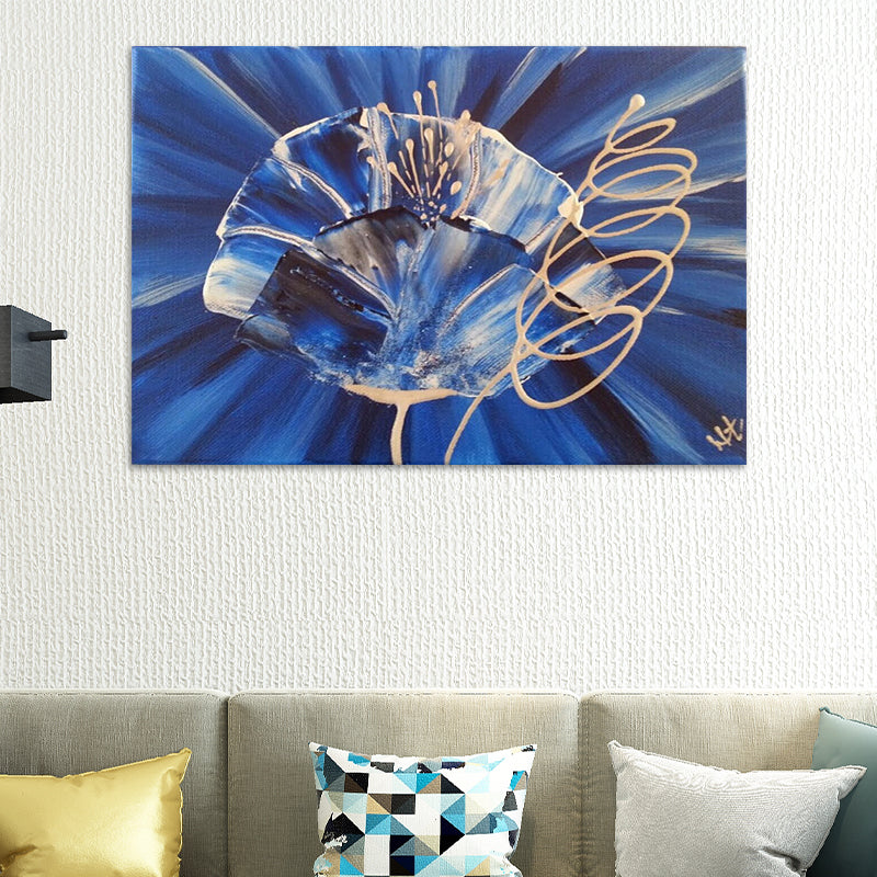 Close-Up View Flower Painting Blue Modern Style Wall Art Print for Living Room, Canvas Made Clearhalo 'Art Gallery' 'Canvas Art' 'Contemporary Art Gallery' 'Modern' Arts' 1599590