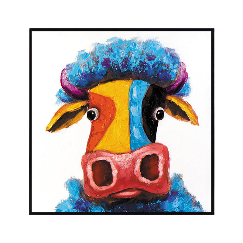 Contemporary Ox Art Print Blue-Yellow Textured Surface Wrapped Canvas for Living Room Clearhalo 'Art Gallery' 'Canvas Art' 'Contemporary Art Gallery' 'Modern' Arts' 1599675