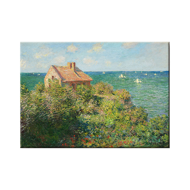 Green Coastal Mountain Cabin Painting Seascape Modern Textured Wall Art Print for Bedroom Clearhalo 'Art Gallery' 'Canvas Art' 'Contemporary Art Gallery' 'Modern' Arts' 1599864