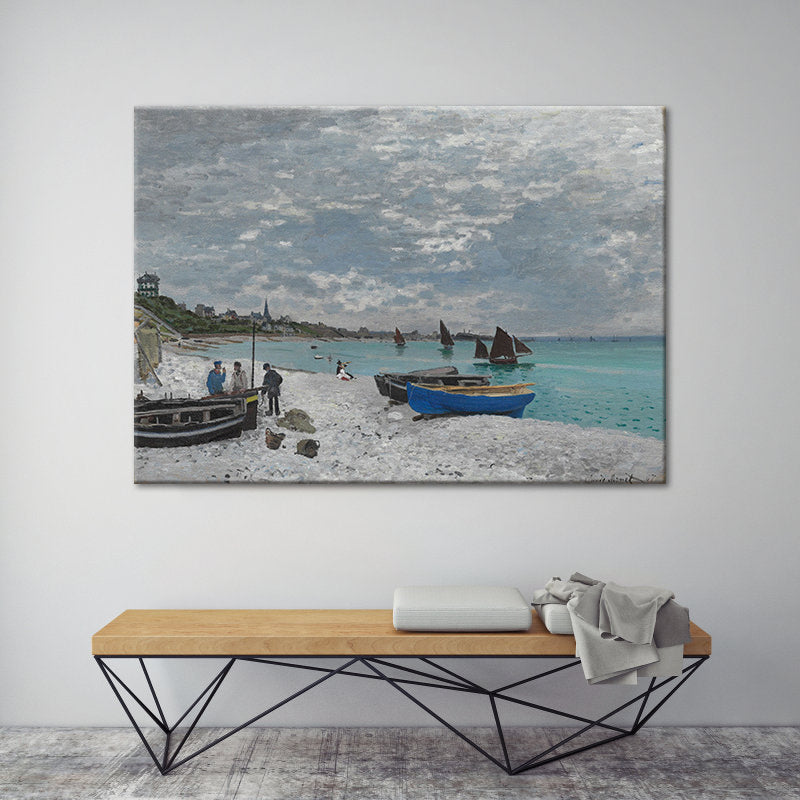 Tropical Seashore Stranded Boat Art Print Blue Seascape Painting Wall Decor for Home Blue Clearhalo 'Art Gallery' 'Canvas Art' 'Coastal Art Gallery' 'Contemporary Art Gallery' 'Modern' 'Nautical' Arts' 1600351