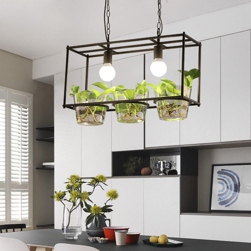 Metal Rectangle Island Ceiling Light Retro 2 Bulbs Dining Room LED Suspension Lamp in Black/Gold Clearhalo 'Ceiling Lights' 'Island Lights' Lighting' 1604162
