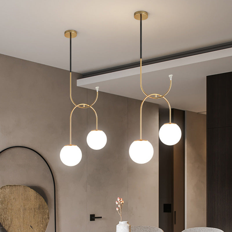 Industrial Globe Metal Down Lighting 2 Bulbs Milk White/Smoke Grey Glass LED Multi Light Pendant in Black/Grey/Gold Gold Milk White Clearhalo 'Art Deco Pendants' 'Black' 'Cast Iron' 'Ceiling Lights' 'Ceramic' 'Crystal' 'Industrial Pendants' 'Industrial' 'Metal' 'Middle Century Pendants' 'Pendant Lights' 'Pendants' 'Rustic Pendants' 'Tiffany' Lighting' 1604182