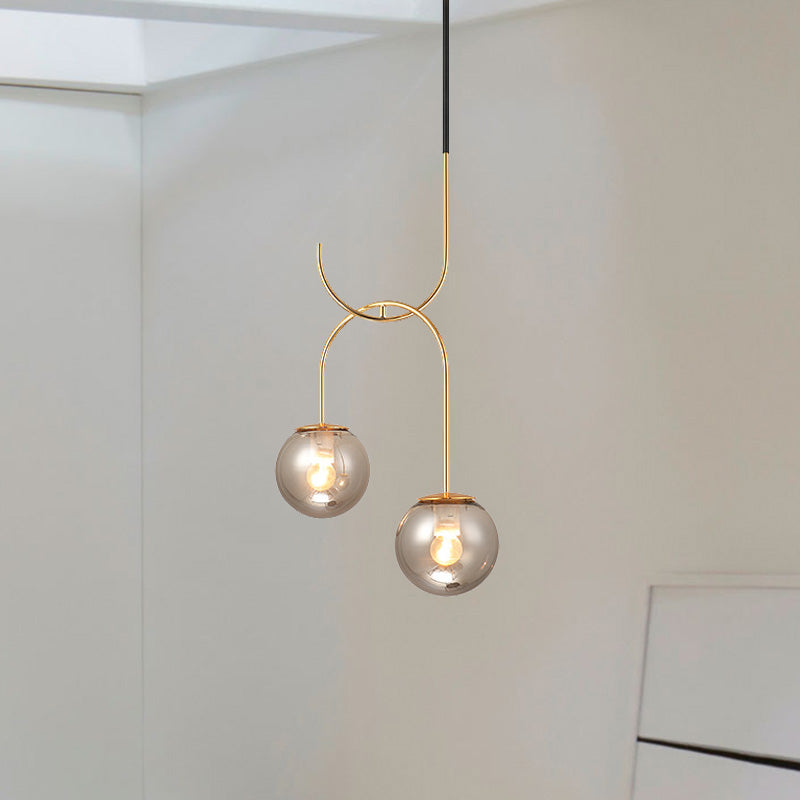 Industrial Globe Metal Down Lighting 2 Bulbs Milk White/Smoke Grey Glass LED Multi Light Pendant in Black/Grey/Gold Gold Smoke Grey Clearhalo 'Art Deco Pendants' 'Black' 'Cast Iron' 'Ceiling Lights' 'Ceramic' 'Crystal' 'Industrial Pendants' 'Industrial' 'Metal' 'Middle Century Pendants' 'Pendant Lights' 'Pendants' 'Rustic Pendants' 'Tiffany' Lighting' 1604187