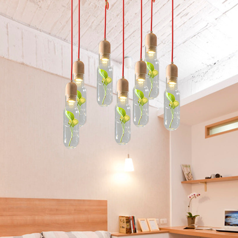 Wood 3/5/7 Bulbs Cluster Pendant Antique Metal Bottle LED Ceiling Lamp with Plant Container for Living Room 7 Wood Clearhalo 'Art Deco Pendants' 'Cast Iron' 'Ceiling Lights' 'Ceramic' 'Crystal' 'Industrial Pendants' 'Industrial' 'Metal' 'Middle Century Pendants' 'Pendant Lights' 'Pendants' 'Tiffany' Lighting' 1604317