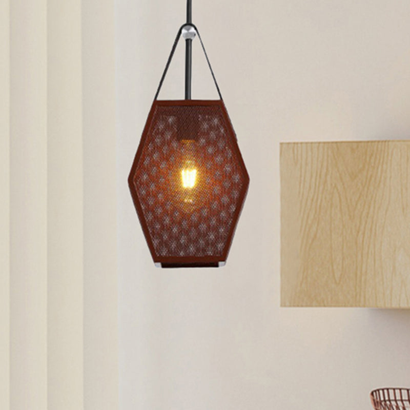 1 Head Pendant Lighting Vintage Pentagon Mesh Screen Metal Hanging Ceiling Lamp in Brown, 8"/10" Wide Clearhalo 'Art Deco Pendants' 'Cast Iron' 'Ceiling Lights' 'Ceramic' 'Crystal' 'Industrial Pendants' 'Industrial' 'Metal' 'Middle Century Pendants' 'Pendant Lights' 'Pendants' 'Tiffany' Lighting' 1604645