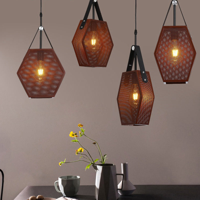 1 Head Pendant Lighting Vintage Pentagon Mesh Screen Metal Hanging Ceiling Lamp in Brown, 8"/10" Wide Clearhalo 'Art Deco Pendants' 'Cast Iron' 'Ceiling Lights' 'Ceramic' 'Crystal' 'Industrial Pendants' 'Industrial' 'Metal' 'Middle Century Pendants' 'Pendant Lights' 'Pendants' 'Tiffany' Lighting' 1604646