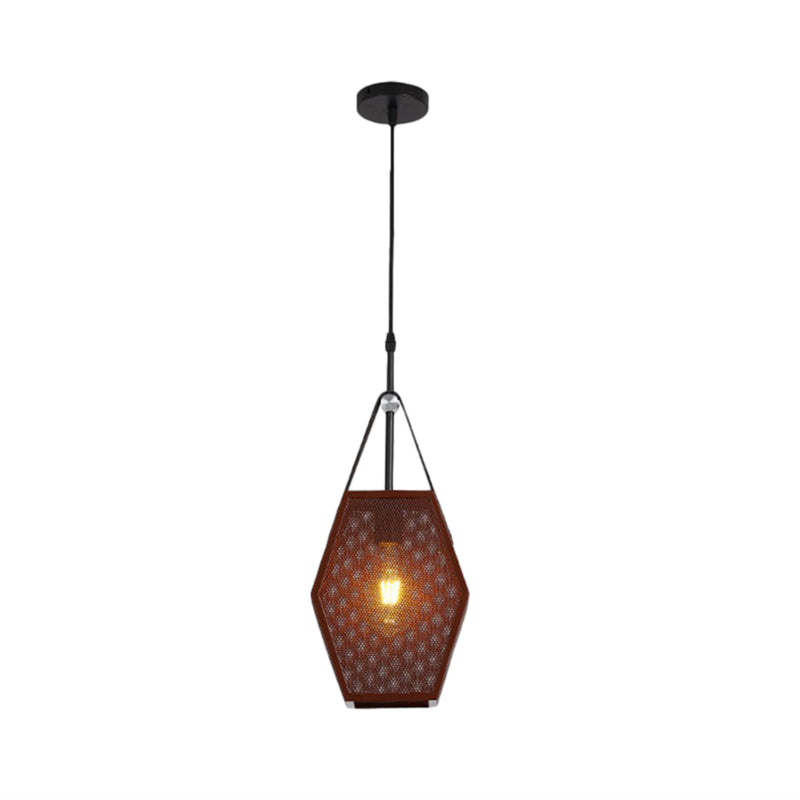 1 Head Pendant Lighting Vintage Pentagon Mesh Screen Metal Hanging Ceiling Lamp in Brown, 8"/10" Wide Brown 8" Clearhalo 'Art Deco Pendants' 'Cast Iron' 'Ceiling Lights' 'Ceramic' 'Crystal' 'Industrial Pendants' 'Industrial' 'Metal' 'Middle Century Pendants' 'Pendant Lights' 'Pendants' 'Tiffany' Lighting' 1604647