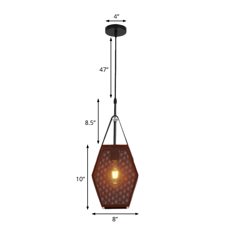 1 Head Pendant Lighting Vintage Pentagon Mesh Screen Metal Hanging Ceiling Lamp in Brown, 8"/10" Wide Clearhalo 'Art Deco Pendants' 'Cast Iron' 'Ceiling Lights' 'Ceramic' 'Crystal' 'Industrial Pendants' 'Industrial' 'Metal' 'Middle Century Pendants' 'Pendant Lights' 'Pendants' 'Tiffany' Lighting' 1604648