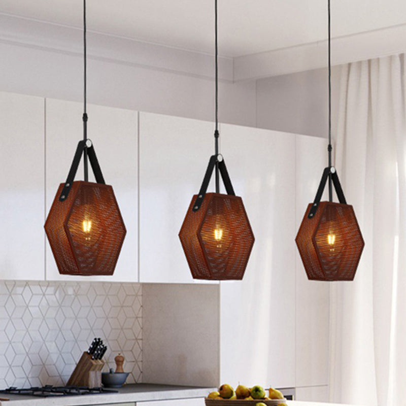 1 Head Pendant Lighting Vintage Pentagon Mesh Screen Metal Hanging Ceiling Lamp in Brown, 8"/10" Wide Clearhalo 'Art Deco Pendants' 'Cast Iron' 'Ceiling Lights' 'Ceramic' 'Crystal' 'Industrial Pendants' 'Industrial' 'Metal' 'Middle Century Pendants' 'Pendant Lights' 'Pendants' 'Tiffany' Lighting' 1604649