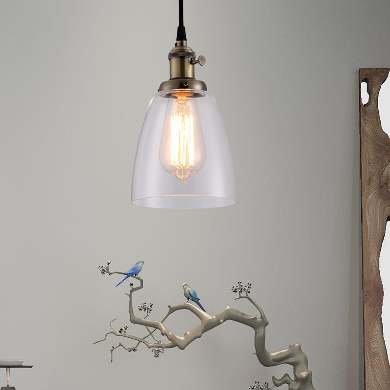 Bell Clear Glass Hanging Light Kit Industrial 1 Bulb Living Room Pendant Lamp with Bronze/Brass/Copper Top Bronze Clearhalo 'Ceiling Lights' 'Glass shade' 'Glass' 'Industrial Pendants' 'Industrial' 'Middle Century Pendants' 'Pendant Lights' 'Pendants' 'Tiffany' Lighting' 1604764