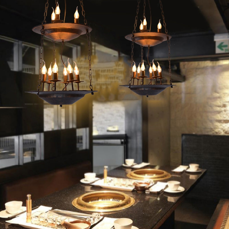 Metallic Candle&Saucer Chandelier Bookstore Cafe Industrial Style Pendant Lamp in Rust Clearhalo 'Ceiling Lights' 'Chandeliers' Lighting' options 160603