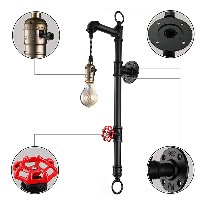 Black Water Pipe Wall Mount Lighting Antique Industrial Metal 1 Bulb Dining Room Sconce Light with Valve Clearhalo 'Art deco wall lights' 'Cast Iron' 'Glass' 'Industrial wall lights' 'Industrial' 'Middle century wall lights' 'Modern' 'Rustic wall lights' 'Tiffany' 'Traditional wall lights' 'Wall Lamps & Sconces' 'Wall Lights' Lighting' 160630