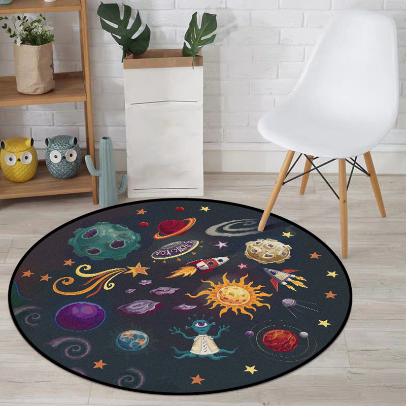 Kids Bedroom Rug in Black Outer Space Alien Planet Rocket Print Rug Polyester Machine Washable Area Rug Black Clearhalo 'Area Rug' 'Rug' 1608525