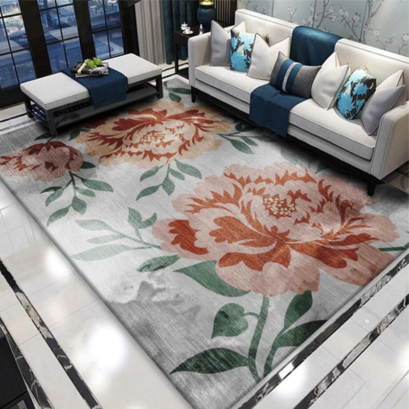 Grey and Red Oriental Rug Polyester Floral and Leaf Pattern Rug Washable Non-Slip Backing Carpet for Bedroom Red Clearhalo 'Area Rug' 'Rug' 1608758