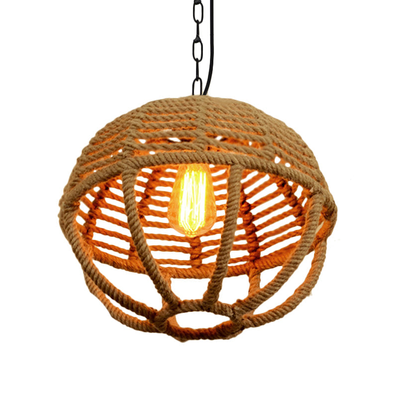 1 Bulb Pendant Light Retro Global Cage Hemp Rope Ceiling Pendant in Beige for Living Room Clearhalo 'Ceiling Lights' 'Industrial Pendants' 'Industrial' 'Middle Century Pendants' 'Pendant Lights' 'Pendants' 'Tiffany' Lighting' 160901