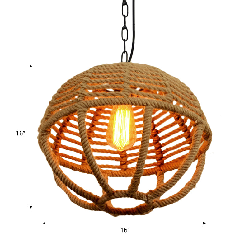 1 Bulb Pendant Light Retro Global Cage Hemp Rope Ceiling Pendant in Beige for Living Room Clearhalo 'Ceiling Lights' 'Industrial Pendants' 'Industrial' 'Middle Century Pendants' 'Pendant Lights' 'Pendants' 'Tiffany' Lighting' 160902