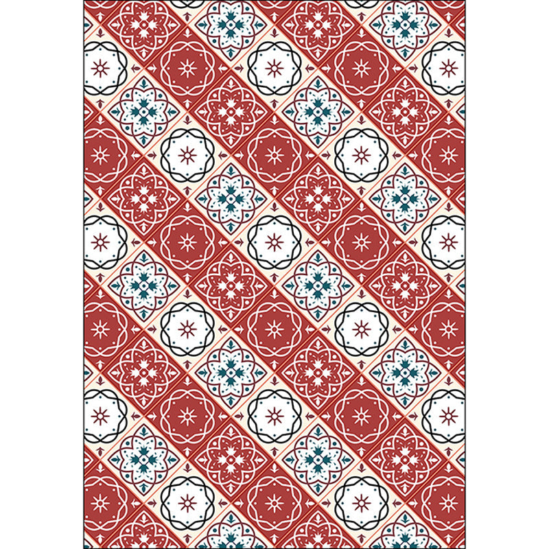 Classic Checked Pattern Rug with Floral Red Vintage Rug Polyester Washable Anti-Slip Backing Area Rug for Bedroom Clearhalo 'Area Rug' 'Moroccan' 'Rugs' Rug' 1610856