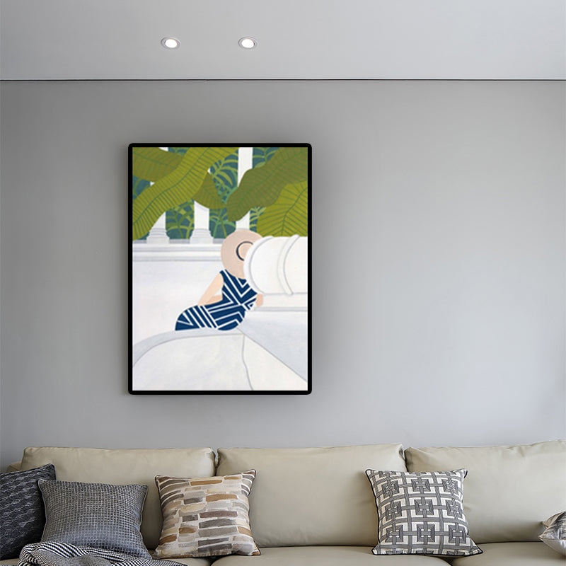Green Nordic Wrapped Canvas Woman and Scenic Painting Wall Art Print for Bedroom